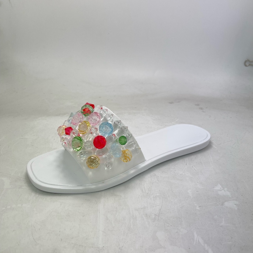 White Slide Sandals with Transparent Strap and Floral Embellishments
